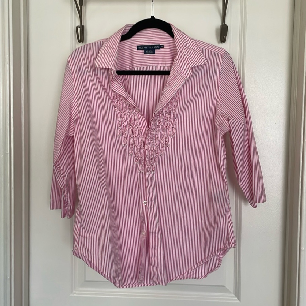 Ralph Lauren quarter sleeve button down pink pinstripe blouse